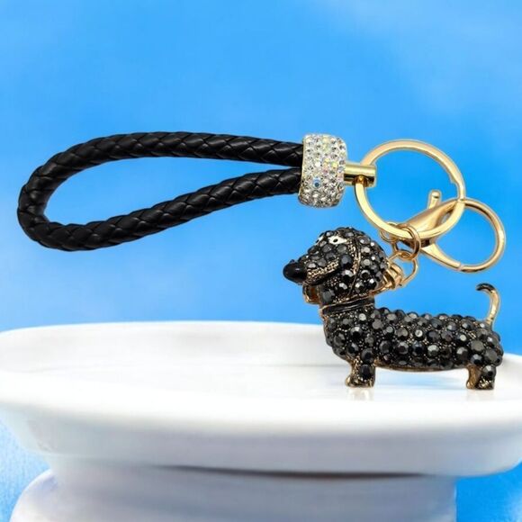 Glitzy Black Wiener Dog Bag Clip Keychain Dachshund Rhinestone Keyring Charm NEW - Picture 7 of 8